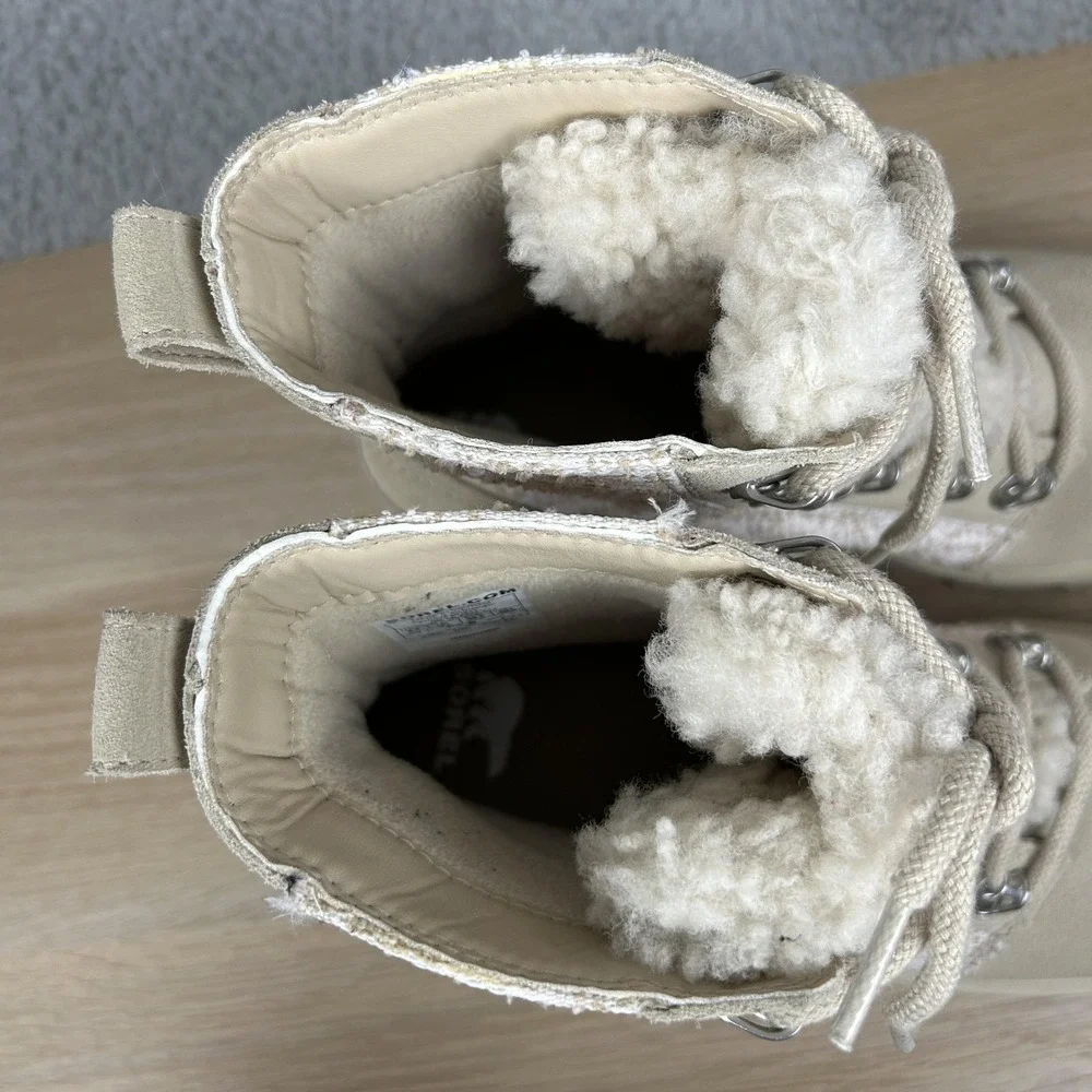 Sorel Lennox Boots Womens Size 8.5 Beige Waterproof Fleece Lined‎ Lace Up